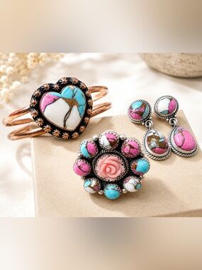 Cotton Candy Turquoise copper Bracelet, Sterling Silver earrings & ring